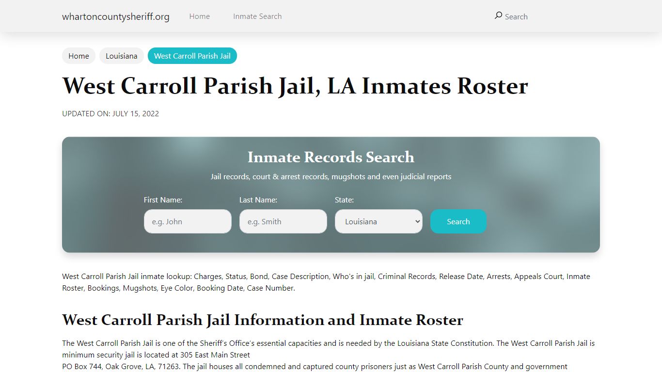 West Carroll Parish Jail, LA Jail Roster, Name Search